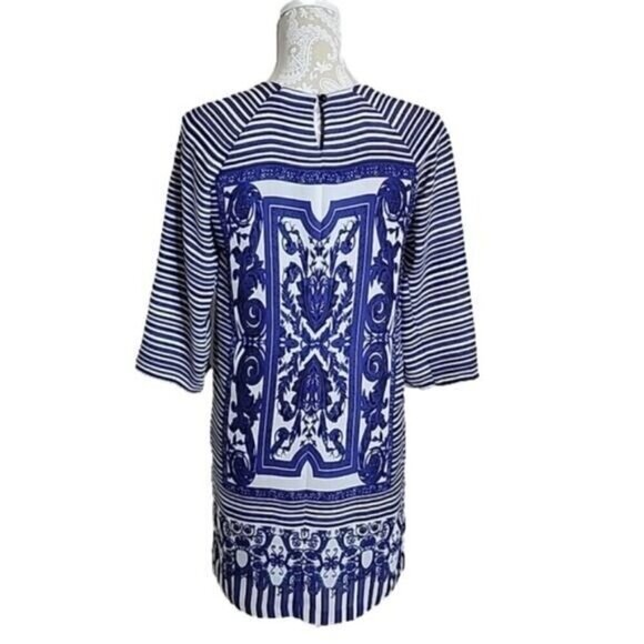 Muse Mini Shift Dress blue & white design lined 3/4 Bell slit sleeves Women's 2 - Picture 3 of 6